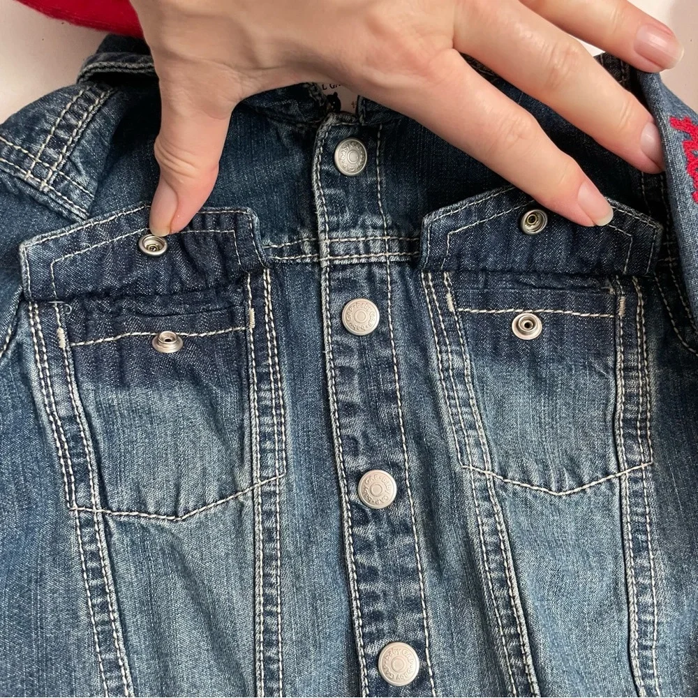 Gap Baby Jacket Denim Embroidered Handsome Devil Removable Hood Pockets Blue Red